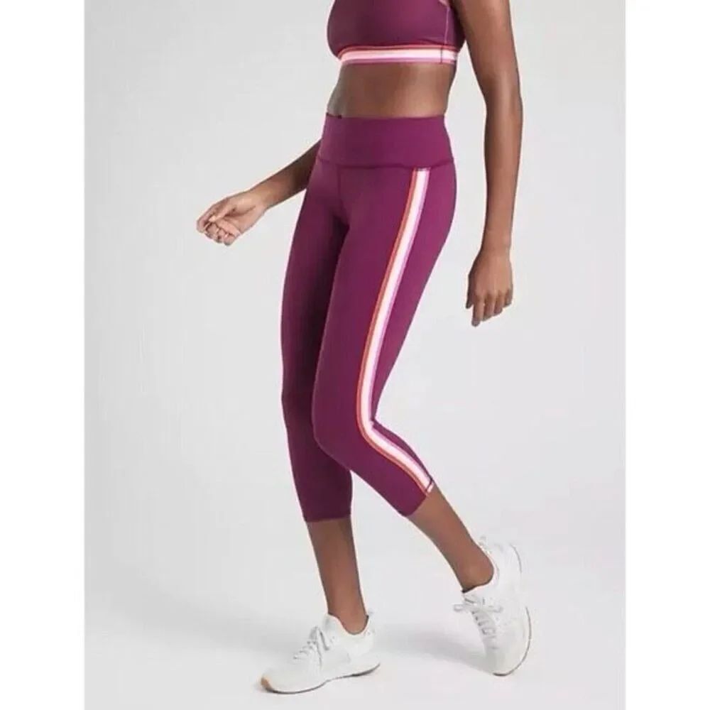 Athleta Contender Side Stripe Capri Powerlift Beach Plum Sz MT
